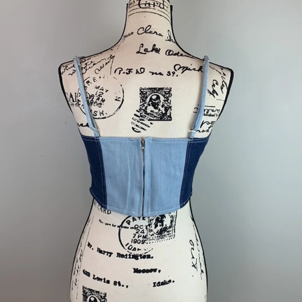 Color Block Patchwork Denim Crop Top - Picture 5 of 8